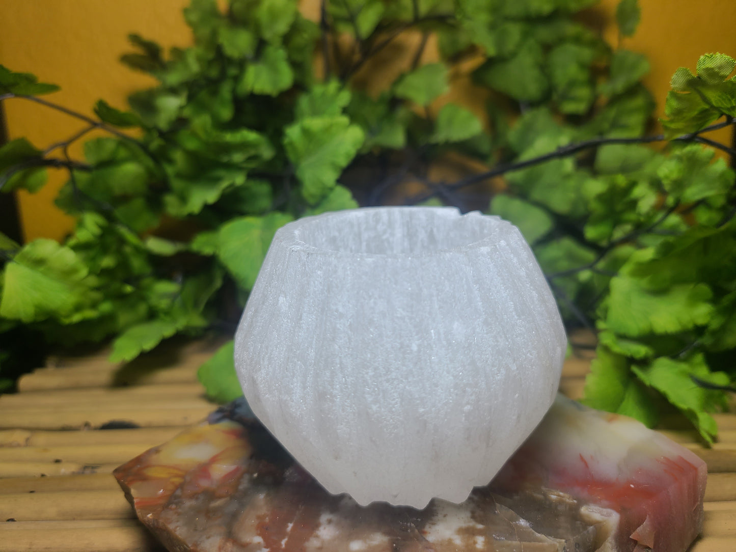 Carved Selenite Candle Holder