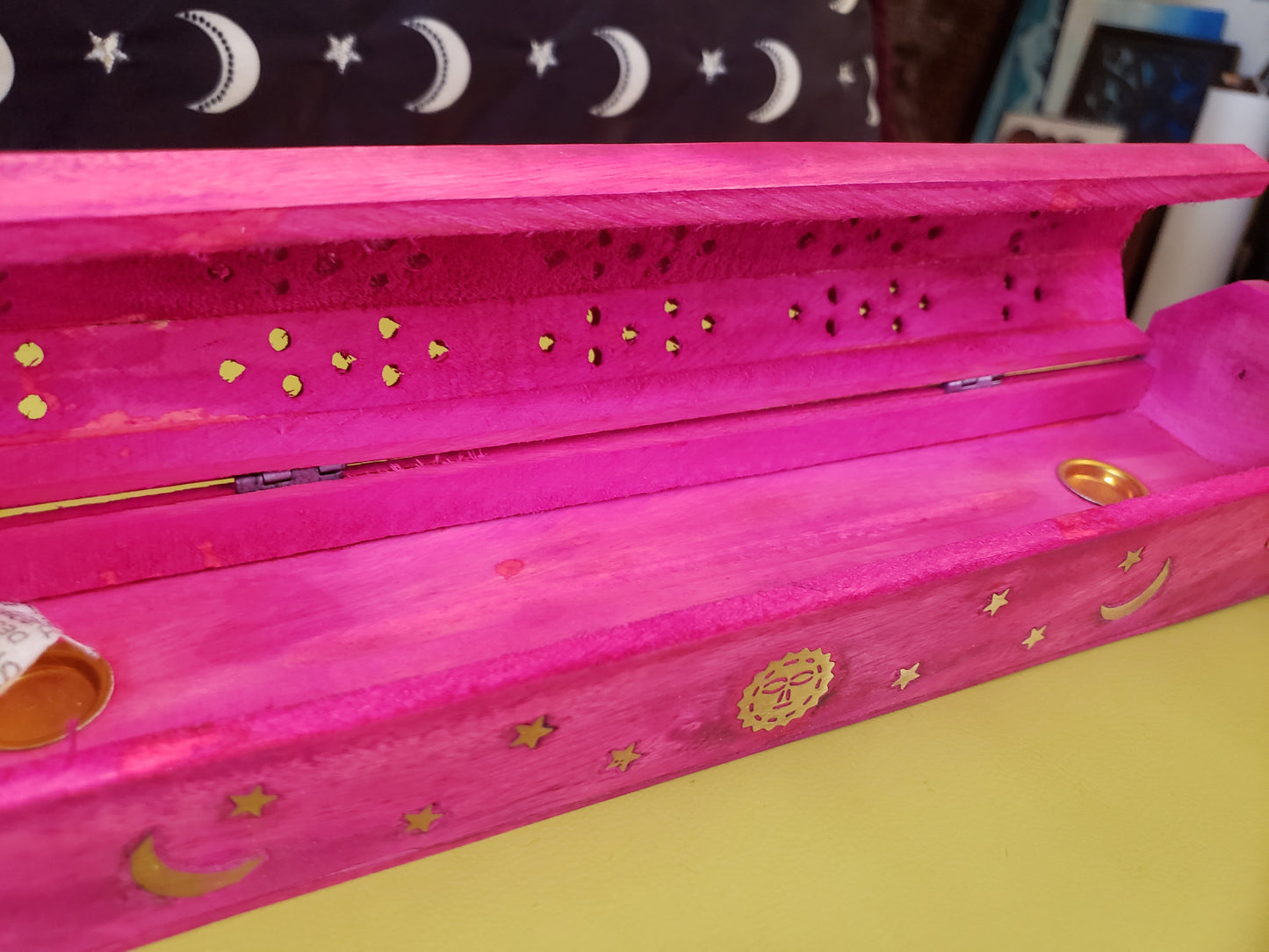Pink wooden coffin incense burner