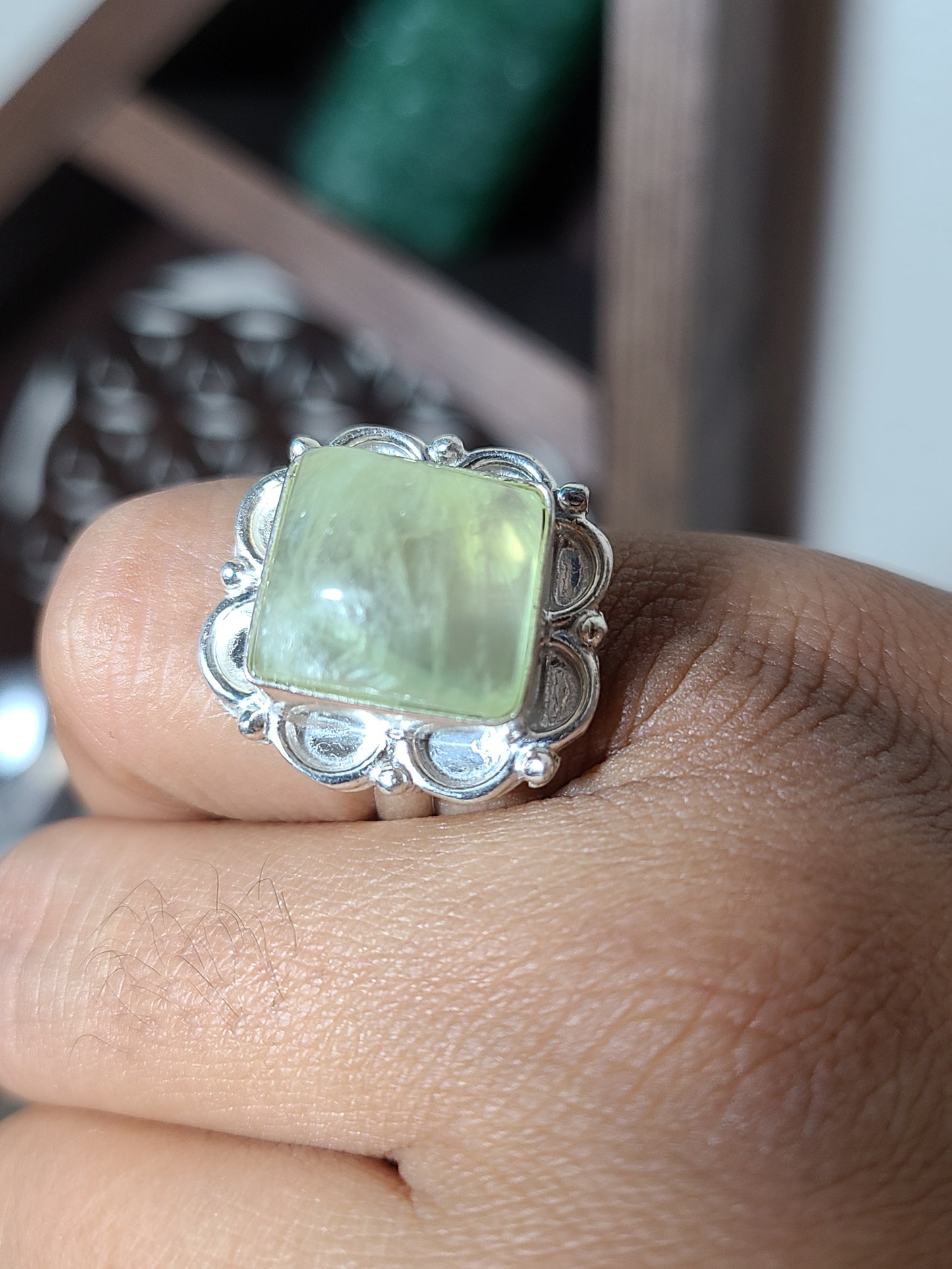 Natural Prehnite Sterling Silver Ring