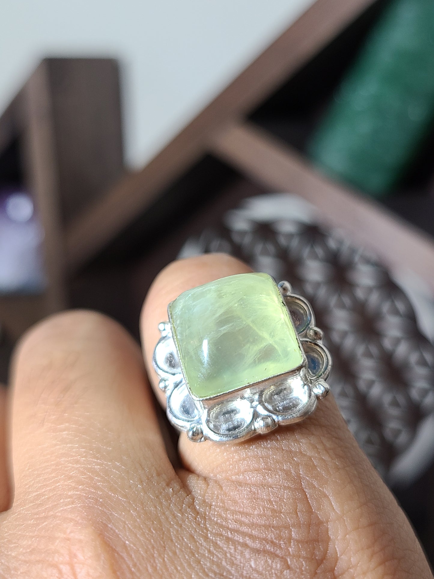 Natural Prehnite Sterling Silver Ring