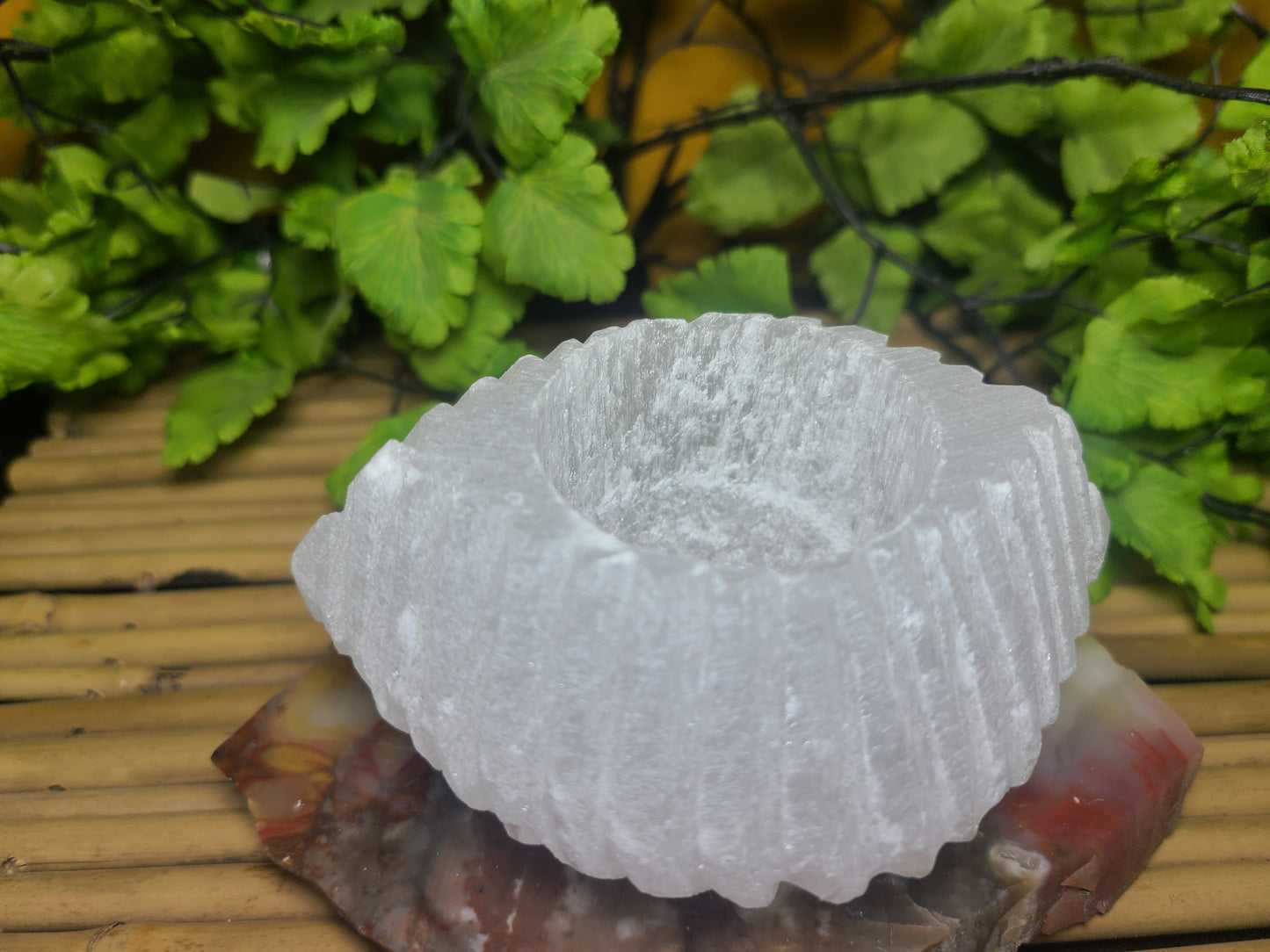 Carved Selenite Candle Holder