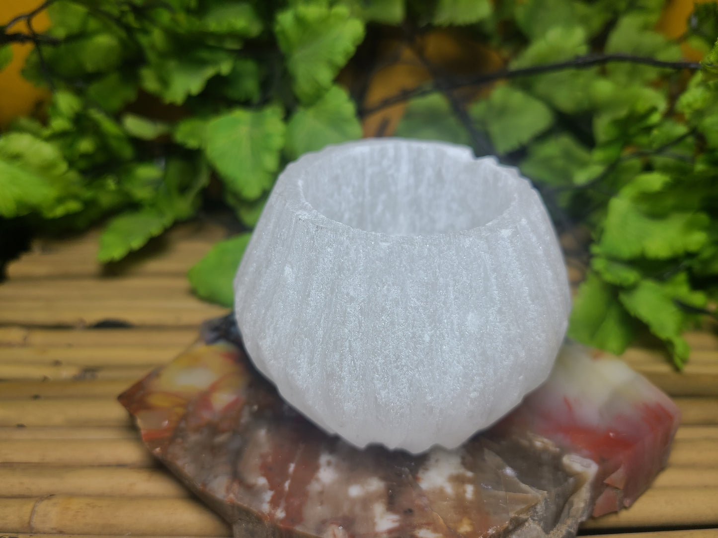 Carved Selenite Candle Holder