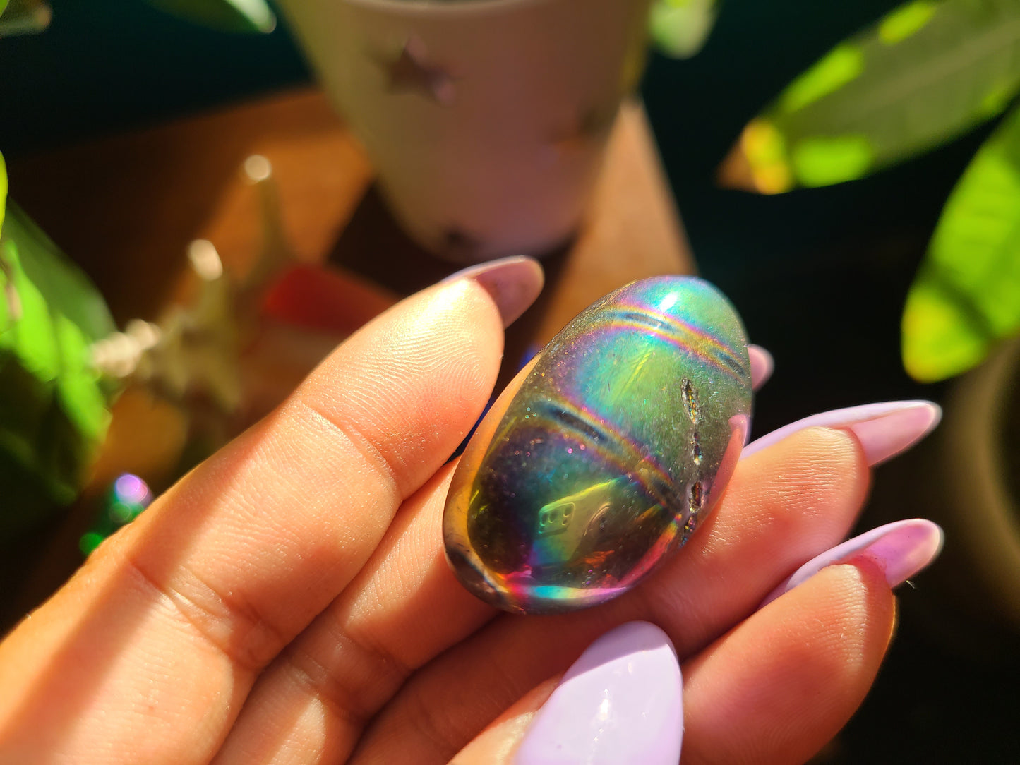 Rainbow Aura Quartz Palm Stone