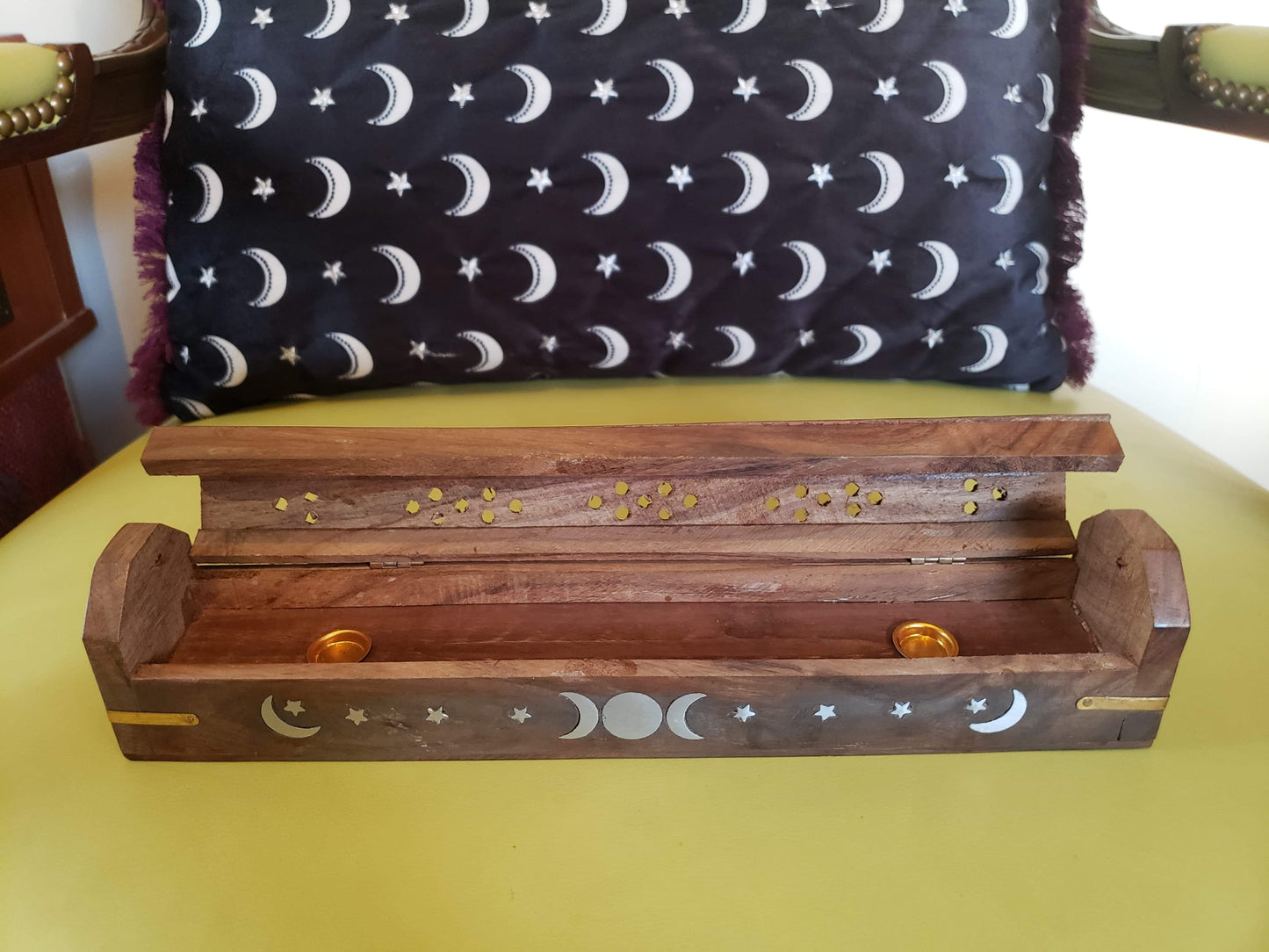 Silver Triple Moon Wood Coffin Incense Burner