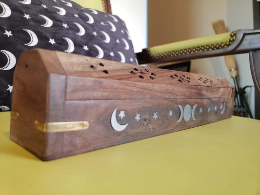 Silver Triple Moon Wood Coffin Incense Burner